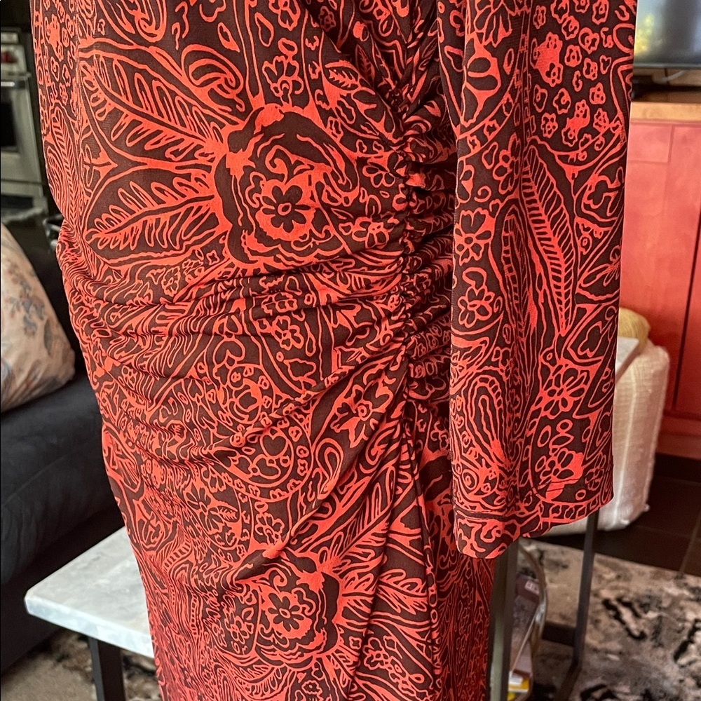 Sara Campbell Red and Brown Paisley Shirred Dress Fits 6-8 - Picture 3 of 13